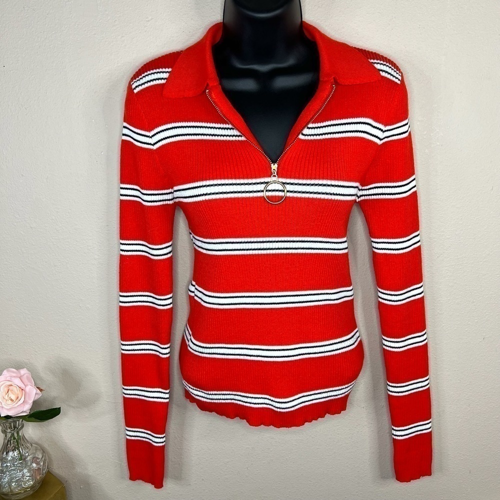 L Juniors Red Striped Long Sleeve Sweater Large 11 13 Stretch Y2k 90’s style
